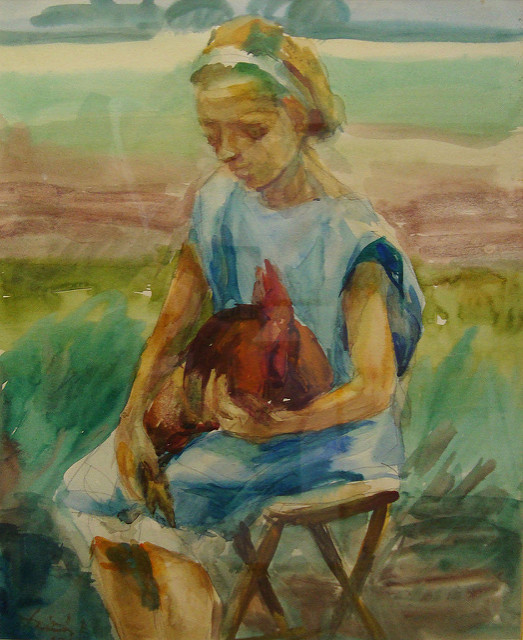 Szitás Erzsébet képei A képen Szitás Erzsébet festőnő egy rokon kislányt festett meg, aki a kertben ül, ölében kakassal.