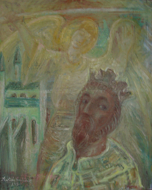 Szent László látomása. A képen Szent László királyunk látható feje fölött egy angyal, háttérben a Nagyváradi katedrális épülete.