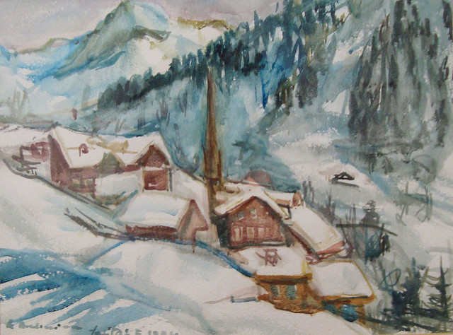 Svájci táj. A képen egy svájci település épületei láthatóak télen, háttérben fenyvesekkel borított hegyek.