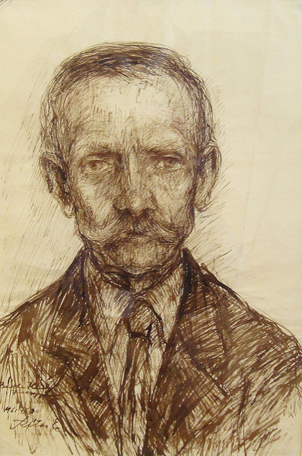 Füzesgyarmati férfi. A képen egy idős, bajszos ember ceruzával rajzolt képe látható.