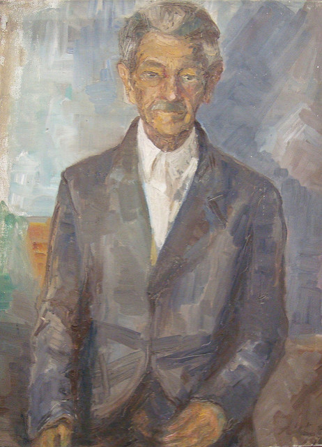 Idős férfi portréja. A képen egy idős férfi olajjal festett egész alakos portréja látható. 