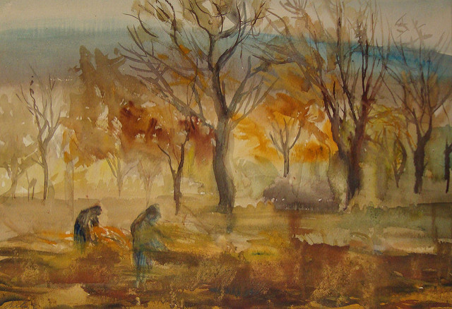 Öszi munka. A képen egy vízfestékkel készült kép látható, melyen két alak őszi munkát végez a földeken, háttérben fák láthatóak.