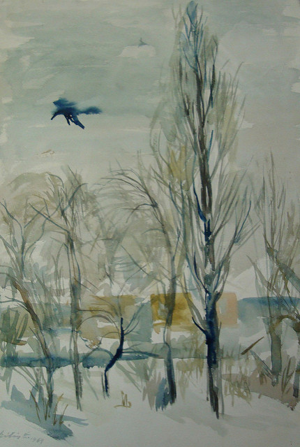 Téli táj. A képen falusi téli táj látható, fákkal, házakkal, madárral. 